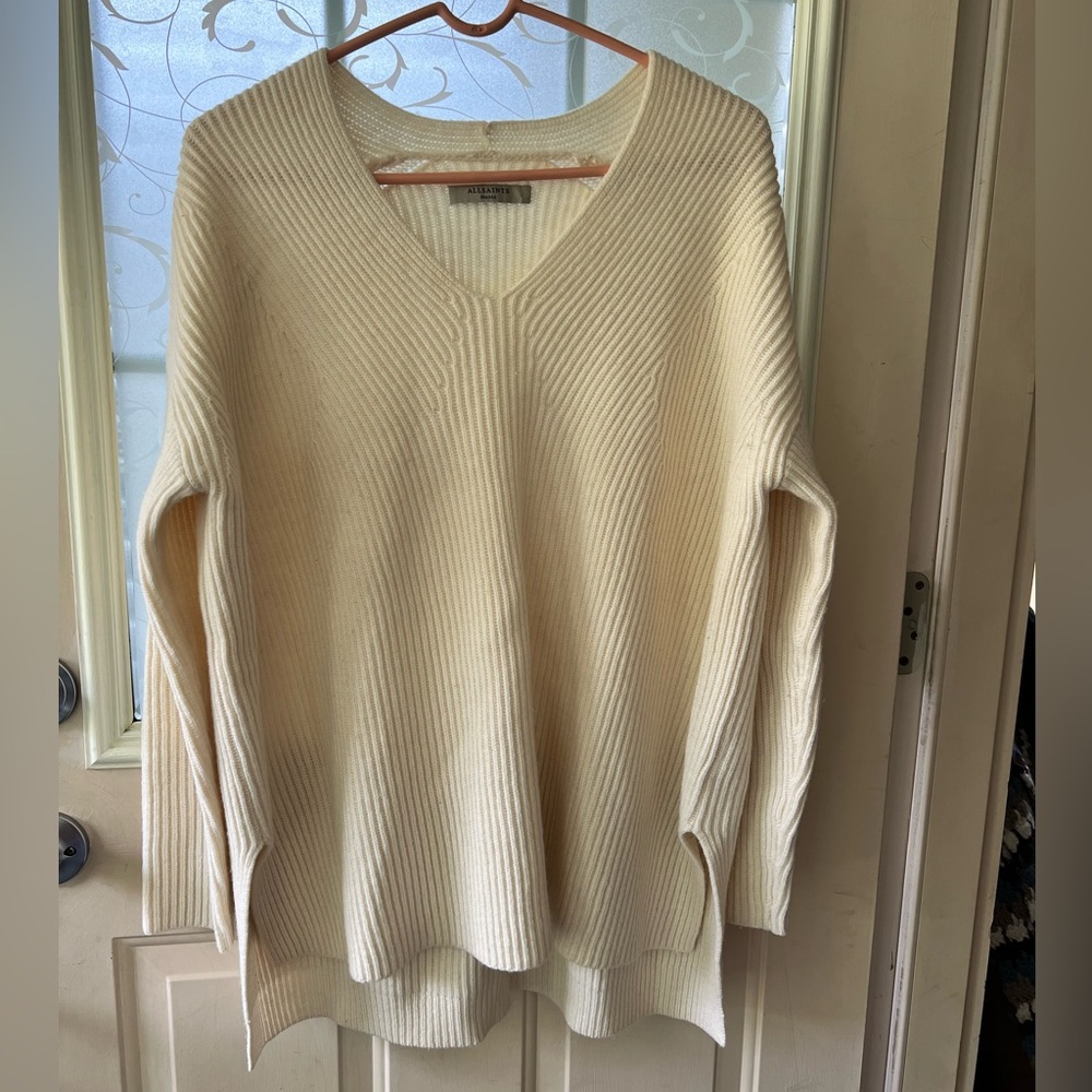 All Saints Clea v neck sweater size S. 80% wool. Ribbed oversized cream sweater.